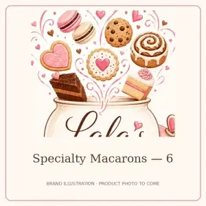 Branded illustration for Specialty Macarons — 6; product photograph coming soon